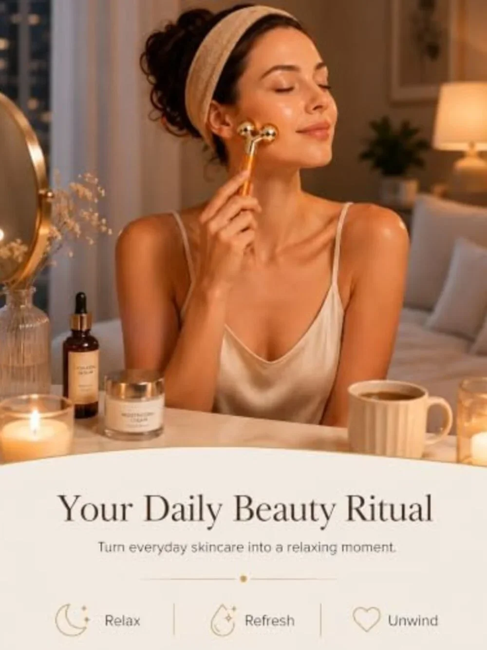 Rechargeable Golden Vibrating Face Massager Roller for Lymphatic Drainage
